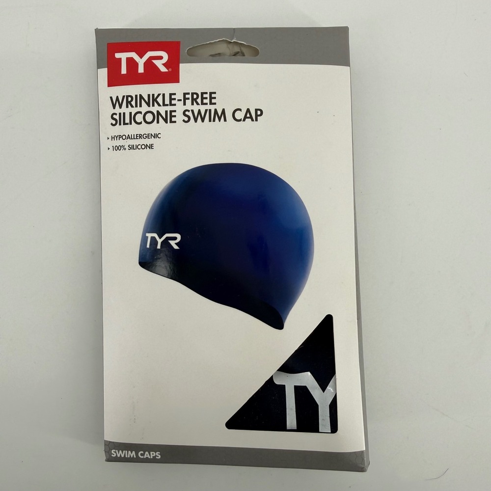 TYR Wrinkle Free Silicone Swim Cap Navy Blue White Logo Adult LCS New